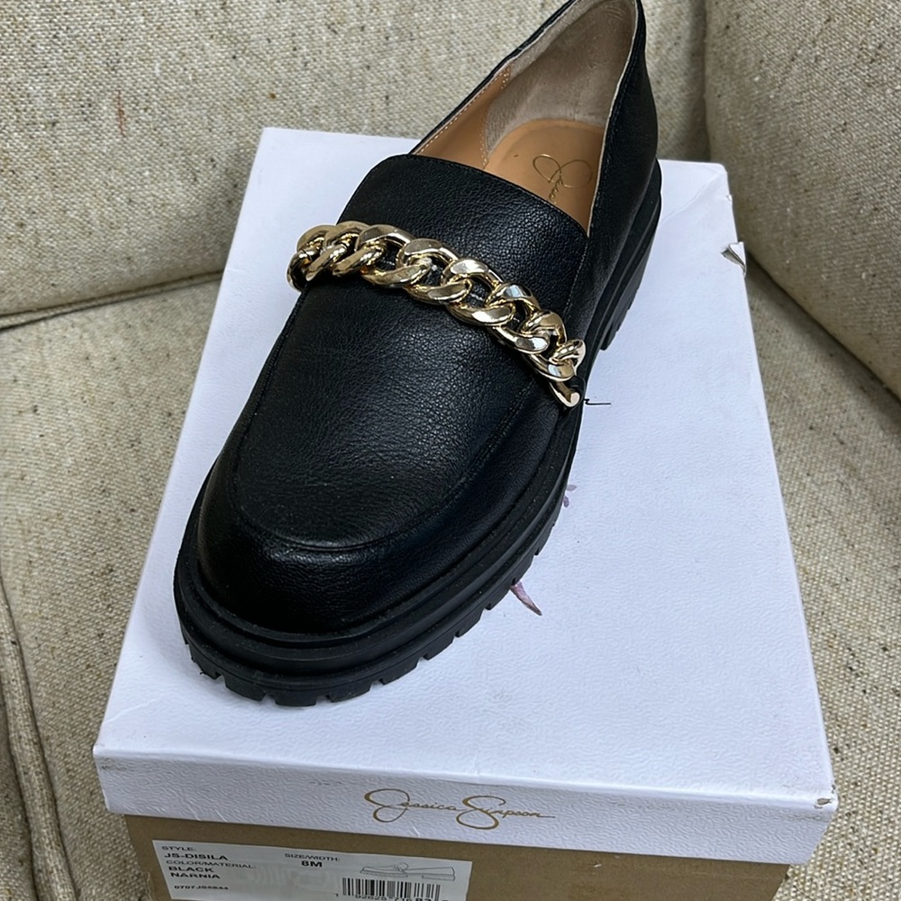 Jessica Simpson loafers with a gold chain embellishment. Like new.